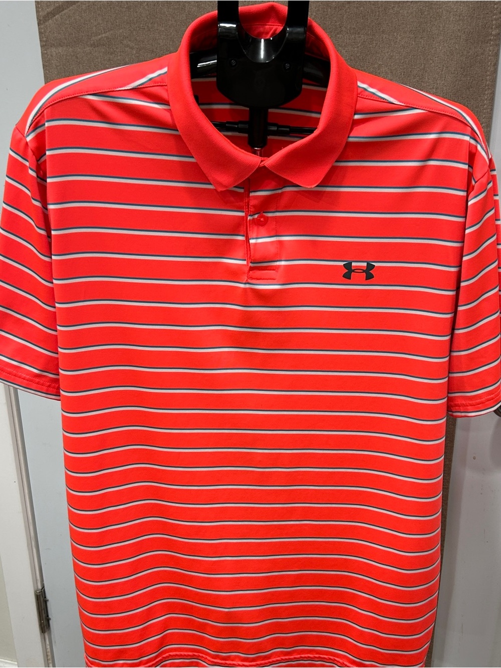 Under Armour Florescent Orange Polo with White and Gray Stripes